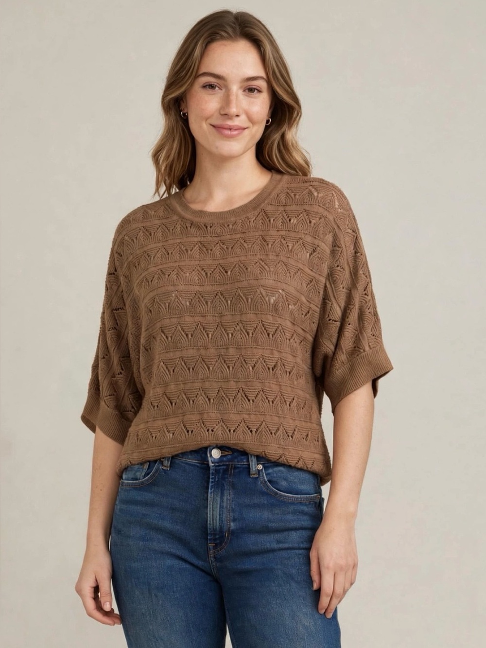 Jones New York | NWT Brown Pointelle Open Knit Short Sleeve Sweater